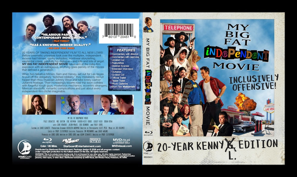 Front and back cover artwork for the movie 'My Big Fat Independent Movie' 20-Year Kenny Edition, displayed as a flat lay on a white background.