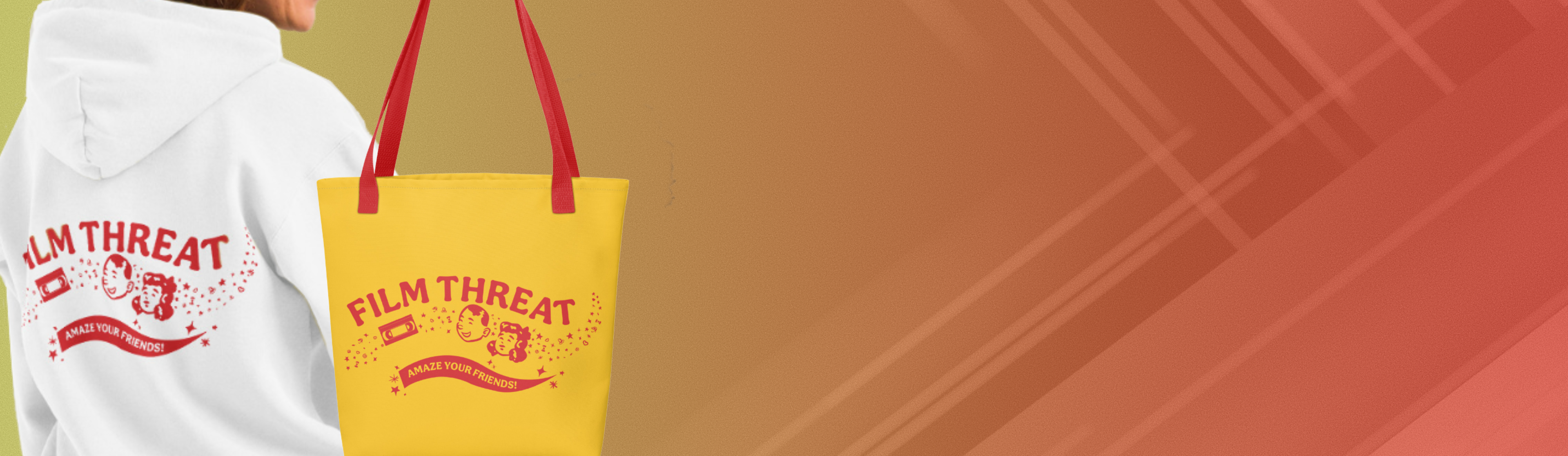 A yellow tote bag with red handles and a red 'FILM THREAT' graphic on the front, shown next to a person wearing a white hoodie with a matching red graphic on the back. The background is a warm orange gradient with diagonal stripes.